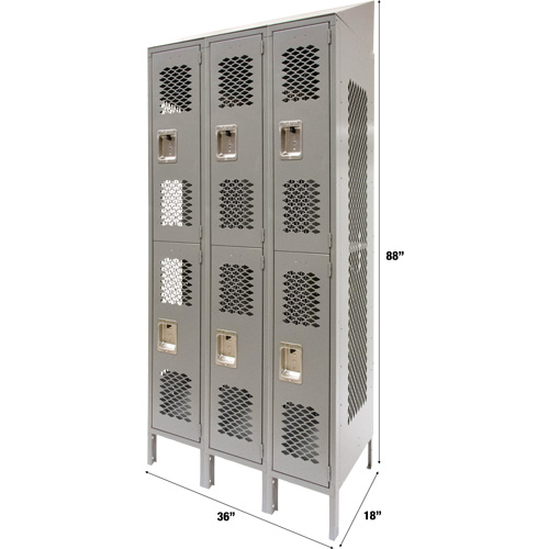 Casiers ventil&eacute;s, 2 niveaux, Bloc de 3, 36" x 18" x 88", Acier, Gris, D&eacute;mont&eacute;, Perfor&eacute; We Share Industrial Supply