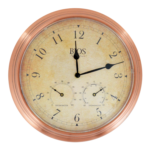 Horloge ext&eacute;rieure 3 en 1, Analogique, &agrave; piles, 14" dia., Brun We Share Industrial Supply