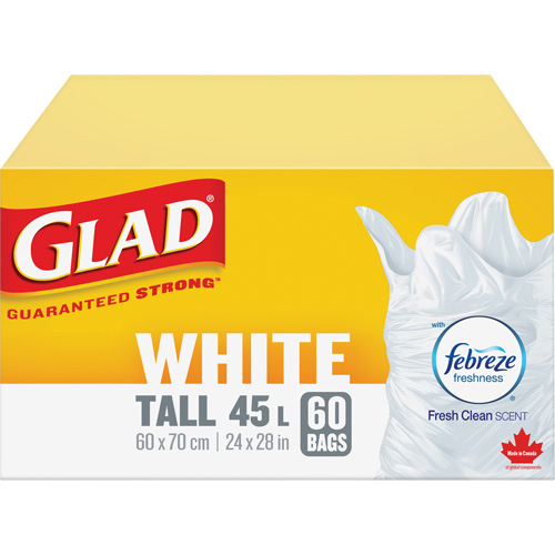 Sacs &agrave; ordures hauts 45 L avec Febreze, R&eacute;gulier, 24" la x 28" lo, Blanc We Share Industrial Supply