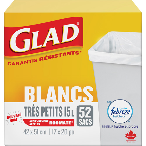 Tr&egrave;s petits sacs &agrave; ordures 15 L avec Febreze, R&eacute;gulier, 17" la x 20" lo, Blanc We Share Industrial Supply