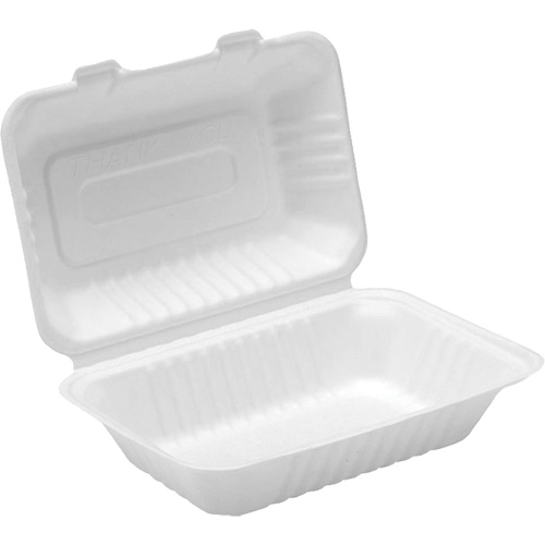 Contenants &agrave; charni&egrave;re pour nourriture compostable, Bagasse, Rectangulaire We Share Industrial Supply