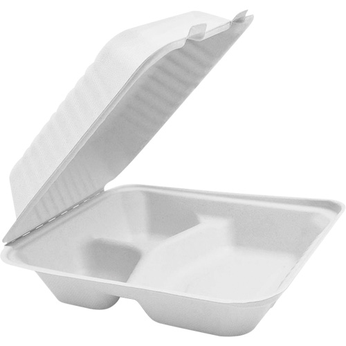 Contenants &agrave; charni&egrave;re pour nourriture compostable avec compartiments, Bagasse, Carr&eacute;e We Share Industrial Supply