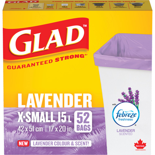 Glad&reg; Lavender Coloured & Scented Bags, Strong, 17" W x 20" L, Purple, 15 L (3.96 Gal.) Capacity We Share Industrial Supply