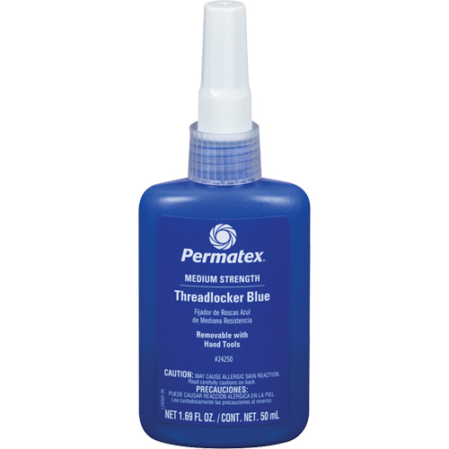 Adh&eacute;sif frein-filet &agrave; adh&eacute;rence amovible, Bleu, Moyen, 50 ml, Bouteille We Share Industrial Supply