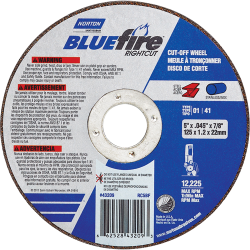 BlueFire&reg; Cut-off Wheel, 4-1/2" x 0.045"/1/16", 7/8" Arbor, Type 01/41, Aluminum Oxide/Zirconium, 13580 RPM We Share Industrial Supply