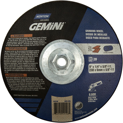 Meule soucoupes Gemini, 9" x 1/4", Arbre 5/8"-11, Oxyde d'aluminium, Type 28 We Share Industrial Supply