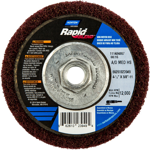 Meule abrasive non tiss&eacute;e &agrave; moyeu d&eacute;port&eacute; Rapid Blend, 4-1/2" dia., Grain 150-180, Oxyde d'aluminium We Share Industrial Supply