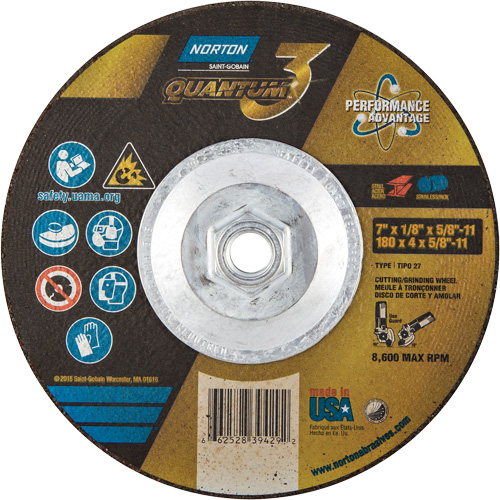 Disque de rectification et de tronçonnage Quantum3, 7" x 1/8", Arbre de 5/8"-11, Type 27, Grain de 24, C&eacute;ramique d'alumine We Share Industrial Supply