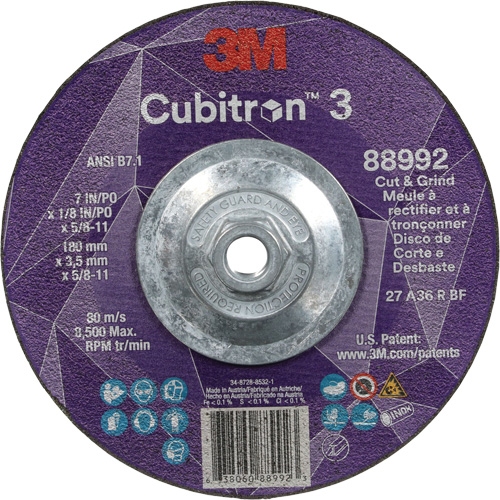 Meule &agrave; rectifier et &agrave; tronçonner Cubitron 3, 7" x 1/8", Arbre de 5/8"-11, Type 27, Grain de 36, C&eacute;ramique We Share Industrial Supply