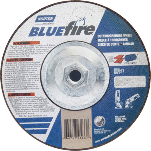 Disque de meulage et tronçonnage BlueFire, 7" x 1/8", Arbre de 5/8"-11, Type 27, Alumine de zirconium We Share Industrial Supply