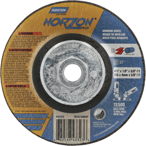 Disque de meulage et tronçonnage NorZon Plus SGZ CA, 4-1/2" x 1/8", Arbre de 5/8"-11, Type 27, C&eacute;ramique d'alumine We Share Industrial Supply