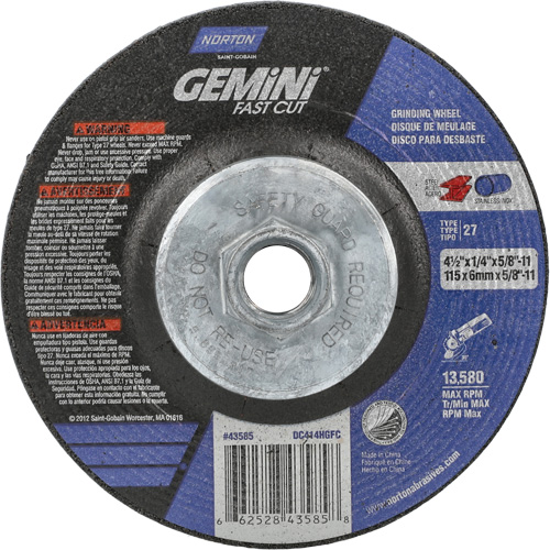 Meule Gemini, 4-1/2" x 1/4", Arbre 5/8"-11, Oxyde d'aluminium, Type 27 We Share Industrial Supply