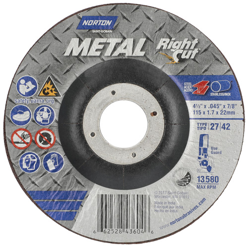 Meule &agrave; tronçonner m&eacute;tallique pour coupe &agrave; angle droit RightCut, 4-1/2" x 0,045", Arbre de 7/8", Type 27, Oxyde d'aluminium, 13580 Tr/min We Share Industrial Supply