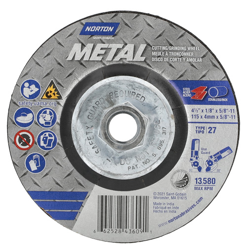Disque de meulage et tronçonnage m&eacute;tallique, 4-1/2" x 1/8", Arbre de 5/8"-11, Type 27, Oxyde d'aluminium We Share Industrial Supply