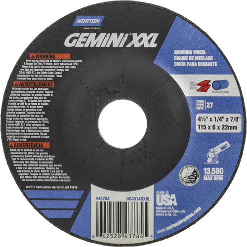 Meule XXL Gemini, 4-1/2" x 1/4", Arbre 7/8", Oxyde d'aluminium, Type 27 We Share Industrial Supply