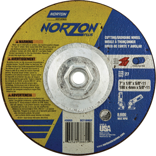 NorZon Plus SGZ  Grinding & Cutting Wheel, 7" x 1/8", 5/8"-11 Arbor, Type 27, Ceramic Alumina We Share Industrial Supply