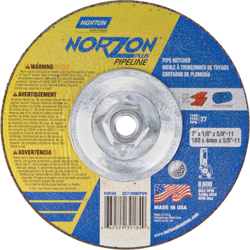 Meule &agrave; tronçonner &agrave; angle droit NorZon Plus SGZ, 7" x 1/8", Arbre de 5/8"-11, Type 27/42, C&eacute;ramique d'alumine, 8600 Tr/min We Share Industrial Supply