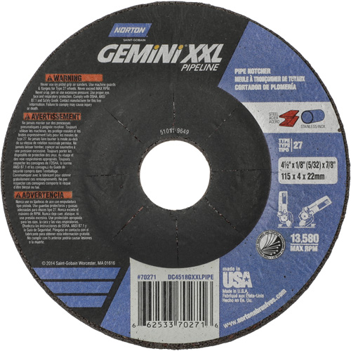Gemini XXL Grinding & Cutting Wheel, 4-1/2" x 1/8", 7/8" Arbor, Type 27, Aluminum Oxide We Share Industrial Supply