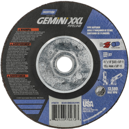 Gemini XXL Grinding & Cutting Wheel, 4-1/2" x 1/8", 5/8"-11 Arbor, Type 27, Aluminum Oxide We Share Industrial Supply