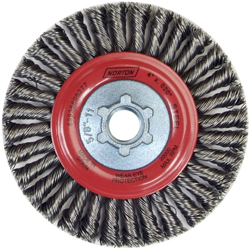 Brosse &agrave; fils nou&eacute;s pour cordons de soudure pour meuleuse angulaire, Dia. 4", Fils 0,02", Arbre 5/8"-11, Acier We Share Industrial Supply