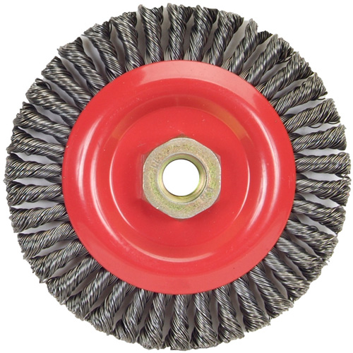 Brosse &agrave; fils nou&eacute;s pour cordons de soudure pour meuleuse angulaire, Dia. 5", Fils 0,02", Arbre 5/8"-11, Acier We Share Industrial Supply