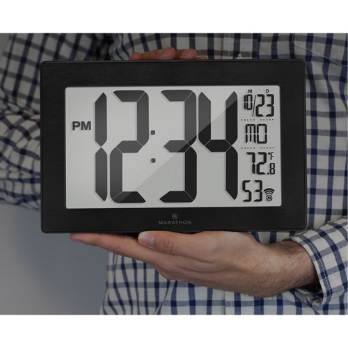 Self-Setting & Self-Adjusting Wall Clock with Stand, Digital, Battery Operated, Black We Share Industrial Supply