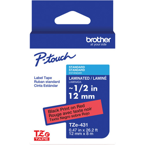 Ruban lamin&eacute; TZe-431 pour &eacute;tiqueteuses P-Touch compatibles avec les rubans TZe, 12 mm x 8 m, Noir/rouge We Share Industrial Supply