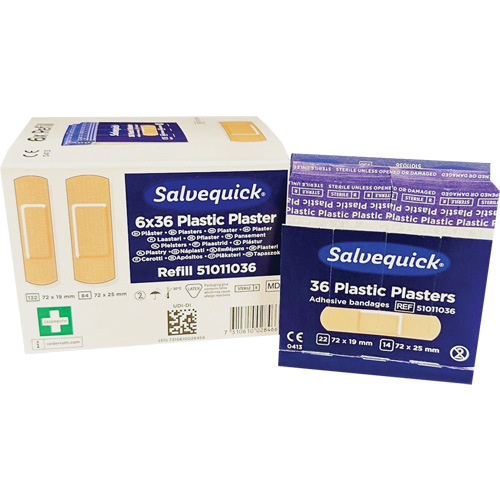 Syst&egrave;mes de distribution de bandages Salvequick - recharges st&eacute;riles, Rectangulaire/carr&eacute;e, Plastique, St&eacute;rile We Share Industrial Supply