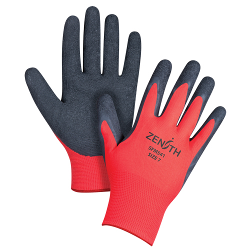 Gants enduits &agrave; prise cr&ecirc;p&eacute;e noir & rouge, 7/Petit, R&ecirc;vetement Latex de caoutchouc, Calibre 13, Enveloppe en Polyester We Share Industrial Supply