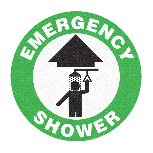 Panneau de signalisation au sol  Emergency Shower , Adh&eacute;sif, Anglais avec pictogramme We Share Industrial Supply
