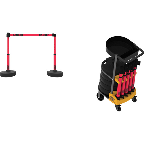 Syst&egrave;me de barri&egrave;re &agrave; chariot portatif avec plateau Plus, 75' lo, M&eacute;tal/Plastique, Rouge We Share Industrial Supply