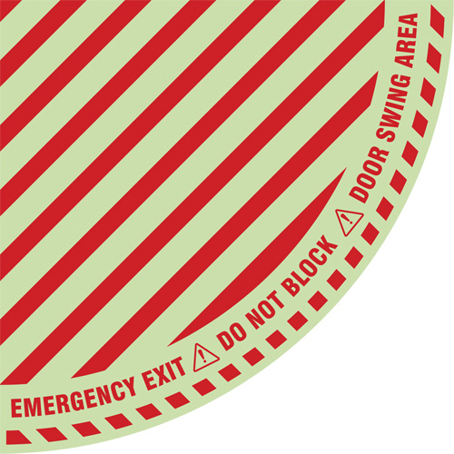Signalisation au sol ?Emergency Exit? (sortie de secours) pour porte battante en quart de cercle, Adh&eacute;sif, Anglais avec pictogramme We Share Industrial Supply