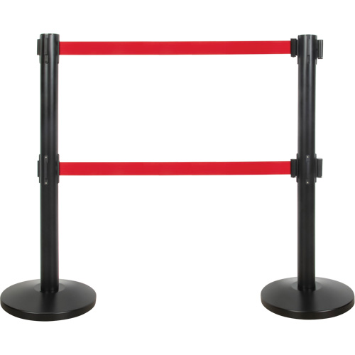 Barri&egrave;re pour le contr&ocirc;le des foules &agrave; courroie double, Acier, 35" h, Ruban Rouge, Longueur du ruban 7' We Share Industrial Supply