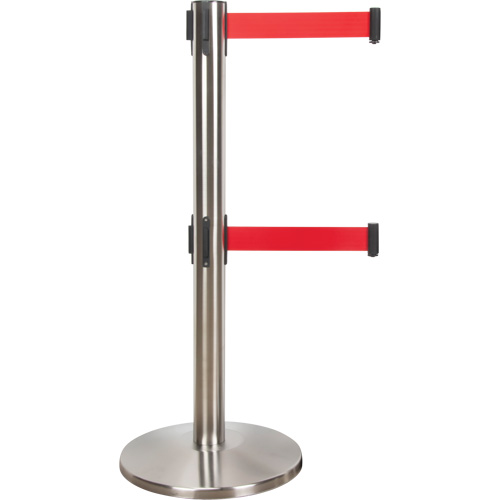 Barri&egrave;re pour le contr&ocirc;le des foules &agrave; courroie double, Acier, 35" h, Ruban Rouge, Longueur du ruban 7' We Share Industrial Supply