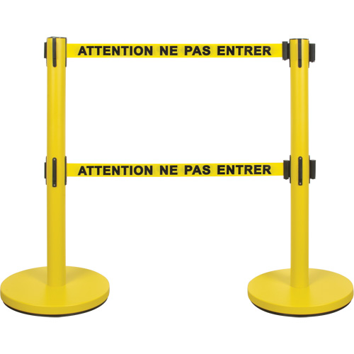 Barri&egrave;re pour le contr&ocirc;le des foules &agrave; courroie double, Acier, 35" h, Ruban Jaune, Longueur du ruban 7' We Share Industrial Supply