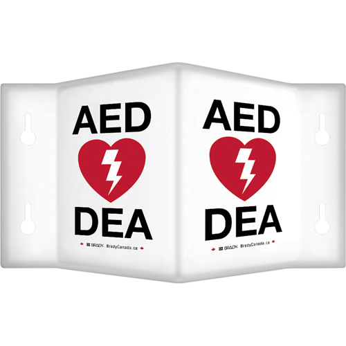 Enseigne &agrave; projection sur 90°  AED/ DEA , 9" x 6", Plastique, Bilingue avec pictogramme We Share Industrial Supply