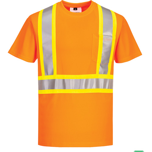 Contrast-Striped Safety T-Shirt, Polyester, Small, High Visibility Orange We Share Industrial Supply
