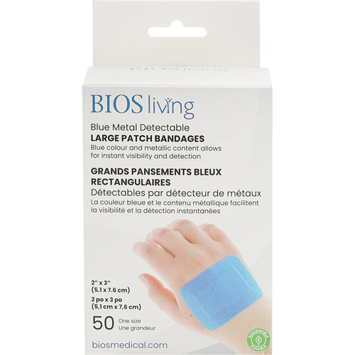 Blue Large Patch Bandages, Rectangular/Square, 3", Fabric Metal Detectable, Sterile We Share Industrial Supply