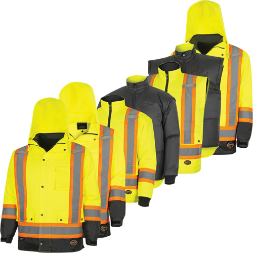 5057 Pioneer&reg; Yukon 7-in-1 Waterproof Winter Safety Parka, Polyester, Black/High Visibility Lime-Yellow, X-Small We Share Industrial Supply