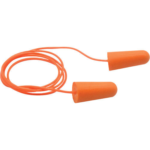 Bouchons d'oreilles coniques jetables en mousse de PU orange SEALTEC33, Avec cordon, Vrac - Boîte, 33 dB NRR, Taille unique We Share Industrial Supply