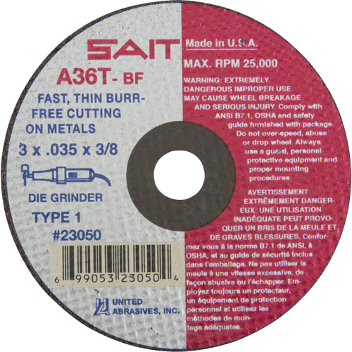 Cut-Off Wheel (A36T), 3" x 0.035", 3/8" Arbor, Type 27, Aluminum Oxide, 25000 RPM We Share Industrial Supply