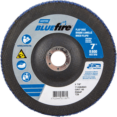 Disque &agrave; lamelles &agrave; grain grossier BlueFire, 7" x 7/8", Type 27, Grain 80, Alumine de zirconium We Share Industrial Supply