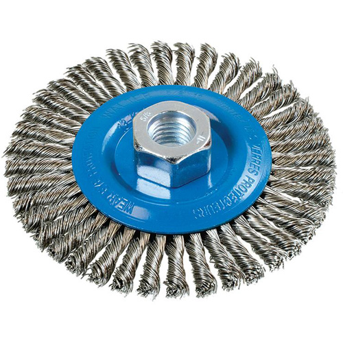 Stringer Bead Knotted Wire Brush, 4-1/2" Dia., 0.02" Fill, 5/8"-11 Arbor, Aluminum/Stainless Steel We Share Industrial Supply