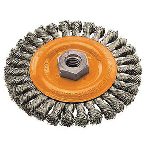 Wide Knotted Wire Wheel Brush, 4" Dia., 0.02" Fill, 5/8"-11 Arbor, Steel We Share Industrial Supply