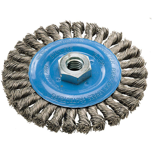 Wide Knotted Wire Wheel Brush, 5" Dia., 0.02" Fill, 5/8"-11 Arbor, Aluminum/Stainless Steel We Share Industrial Supply
