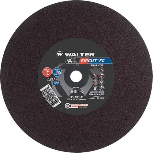 Ripcut Stainless Steel & Steel Cut-Off Wheel for Stationary Saws, 14" x 1/8", 1" Arbor, Type 1, Aluminum Oxide, 4400 RPM We Share Industrial Supply
