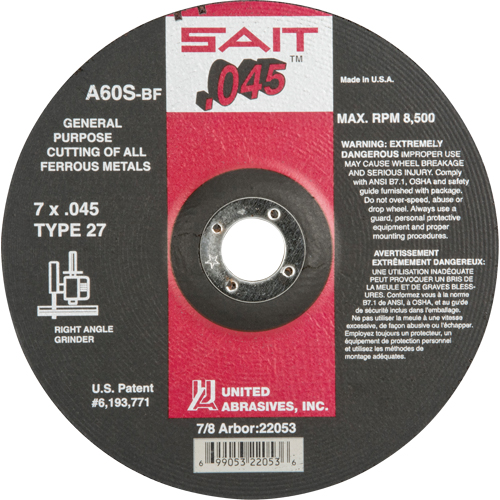 Depressed Center Cut-Off Wheel, 7" x 0.045", 7/8" Arbor, Type 27, Aluminum Oxide, 8500 RPM We Share Industrial Supply