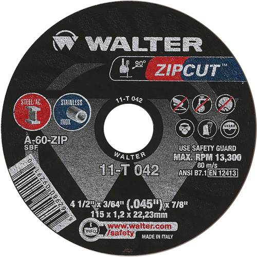 Meule &agrave; tronçonner Zipcut, 4-1/2" x 3/64", Arbre de 7/8", Type 1, Oxyde d'aluminium, 13 300 Tr/min We Share Industrial Supply