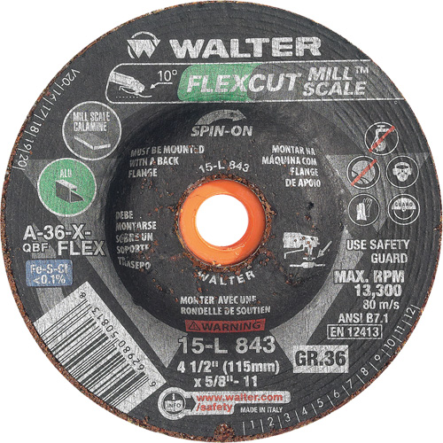 Meule FLEXCUT MILL SCALE, 4-1/2", 36 Grain, Oxyde d'aluminium, 5/8"-11, 13 300 Tr/min, Type 29 We Share Industrial Supply