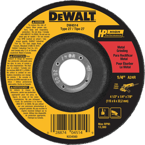 High Performance Metal Grinding Wheel, 4-1/2" x 1/4", 7/8" Arbor, Aluminum Oxide, Type 27 We Share Industrial Supply